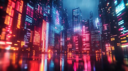 Fototapeta premium Abstract view of a city skyline influenced by economic policy changes, represented by digital overlays of economic data with neon light.