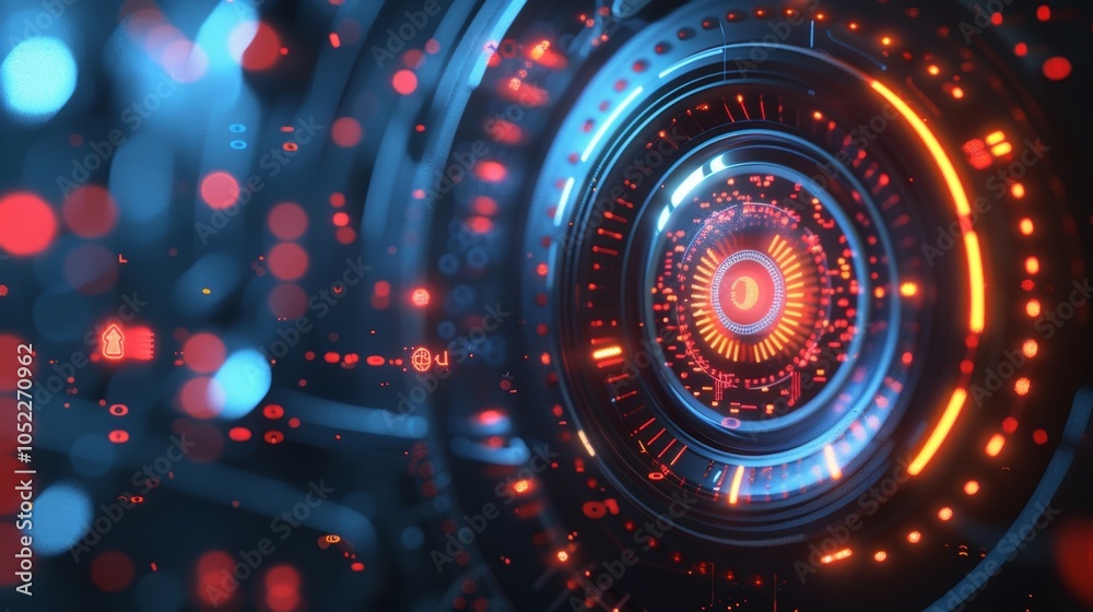 Poster futuristic technological interface showing rotating glowing circles with data flow and bokeh effect,