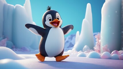 Obraz premium A playful side view of a cartoon penguin sliding joyfully on its belly across a frozen surface.