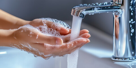 Fototapeta premium Woman suffering from obsessive-compulsive disorder, bothersome unwanted thoughts and obsessions. Woman washing hands to ease contamination by germs fear.