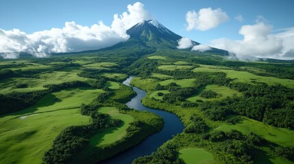 Aerial View of Green Mountain Landscape with River and Clouds