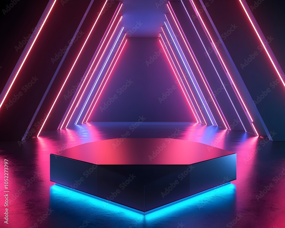 Wall mural futuristic hexagonal podium in neon lit room for tech product displays