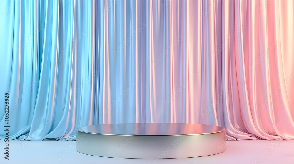 Wall mural Smooth Metallic Circular Podium Against Elegant Pastel Curtain Backdrop for Product Display Concept