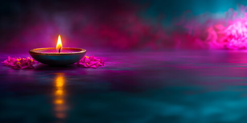 Traditional indian burning lamp and orange flowers. Ethnic decorations for Indian festival of lights Diwali and Pongal. Ugadi, Gudi Padwa. Hindu New Year. Religion concept with copy space