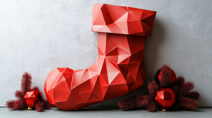 Red Christmas gift box with ribbon and holiday decoration - papercut style