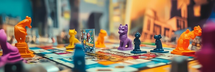 Close-up of colorful board game pieces on vibrant game board