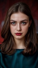 Fototapeta premium A studio photo of a close-up portrait of a young brunette woman with green eyes and a green dress