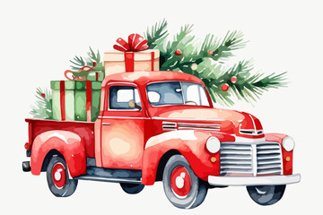 Hand drawn watercolor painting of a Christmas red vintage pick up with christmas tree and gifts isolated on a white background
