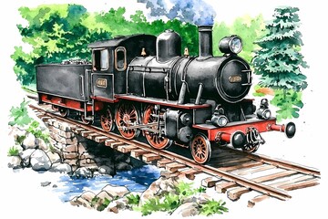 Fototapeta premium Vintage Steam Train Crossing Quaint Bridge Over River