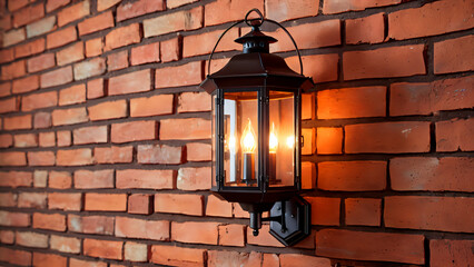 Elegant Wall Lamp of Classic Design on a Red Brick Wall: Warm Yellow Light to Create a Cozy Atmosphere and Sophisticated Hospitality, Highlighted by Delicate Shadows and Reflections on the Facade