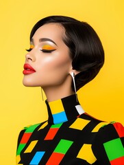 Colorful geometric fashion portrait with bold makeup on yellow background.