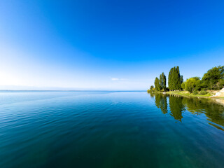 The shore of Issyk-Kul lake with tall trees reflected in the clear calm water. A bright sunny day with a blue sky and deep shades of blue in the water. The nature of Kyrgyzstan in all its beauty.
