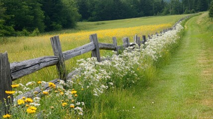 Fototapeta premium Rustic farm fence beside vibrant wildflowers and thriving crops, a picturesque countryside scene capturing nature's beauty.