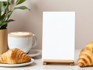 Blank white menu card on a wooden holder, with a latte and croissant nearby, perfect for branding in a cozy cafe setting, cafe menu mockup, morning vibe