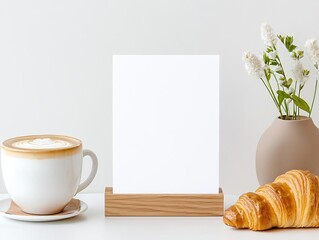 Blank white menu card on a wooden holder, with a latte and croissant nearby, perfect for branding in a cozy cafe setting, cafe menu mockup, morning vibe