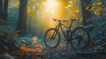 Obraz premium mountain bike parked on a rugged dirt path, surrounded by dense green trees and vibrant foliage, under the soft glow of sunlight, inviting adventure and outdoor exploration in a serene setting