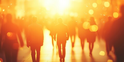 Fototapeta premium Silhouettes of People Walking in City at Sunset with Bokeh Lights