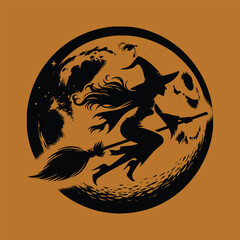 Vector of a witch silhouette flying on a broomstick