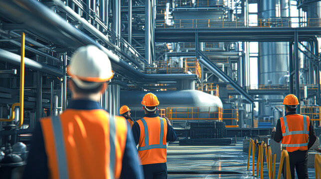 Workers in safety gear overseeing modern industrial facility operations with pipes and machinery in background