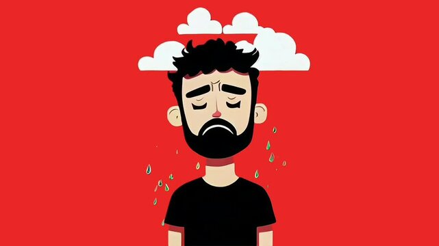 Cartoon video of a sad man with beard crying under rain cloud isolated on red background 