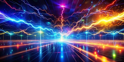 Fototapeta premium Abstract Lightning Glow Lines with Data Visualization on Dark Background for Science and Technology Concepts