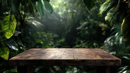 Naklejka premium Rustic Wooden Tabletop with Lush Tropical Rainforest Background