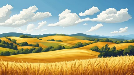 Fototapeta premium Golden Wheat Fields Amidst Rolling Hills in a Serene Rural Landscape