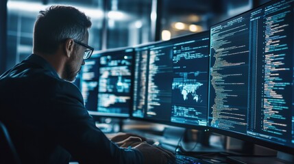 Analyst Examining Complex Data on Digital Screens