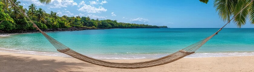 Obraz premium Calm beachfront, white sand, palm trees, a hammock swinging in the wind A tranquil getaway for relaxation holiday travel destination, leisure, resort
