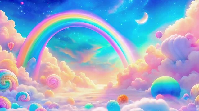 Pastel clouds with beautiful rainbow. Holographic fantasy rainbow background with clouds. Pastel color sky. Magical landscape, abstract fabulous pattern. Cute candy fantasy in the sky