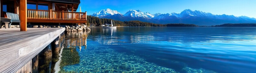 A serene lakeside view featuring clear water, a wooden pier, and snow-capped mountains under a bright blue sky.