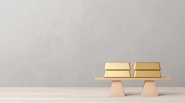 Gold bars on teetering balance scale symbolize risk and value in finance. image captures essence of investment and wealth management, evoking sense of stability and uncertainty