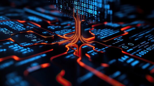 A digital circuit board background with glowing lines and binary code, symbolizing technology and data processing.