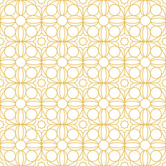 Fototapeta premium Arabic geometric mosaic printable seamless pattern with abstract Moroccan print in blue and orange colors. Ramadan Kareem Traditional Islamic art Illustration background