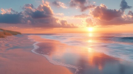 Fototapeta premium Serene beach at sunset with gentle waves and colorful clouds.
