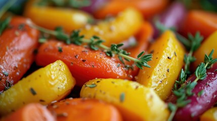 Fresh Roasted Vegetables in Wooden Bowl with Herbs