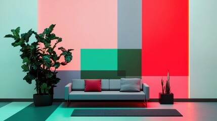 Modern Living Room with Vibrant Red and Green Lighting