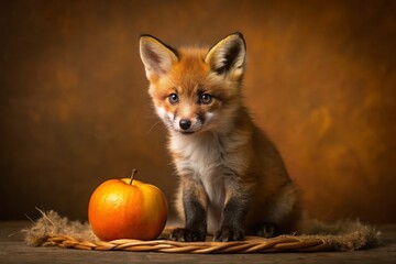 Obraz premium Adorable Fox Cub with Orange on Brown Backdrop - Cute Animal Food Photography