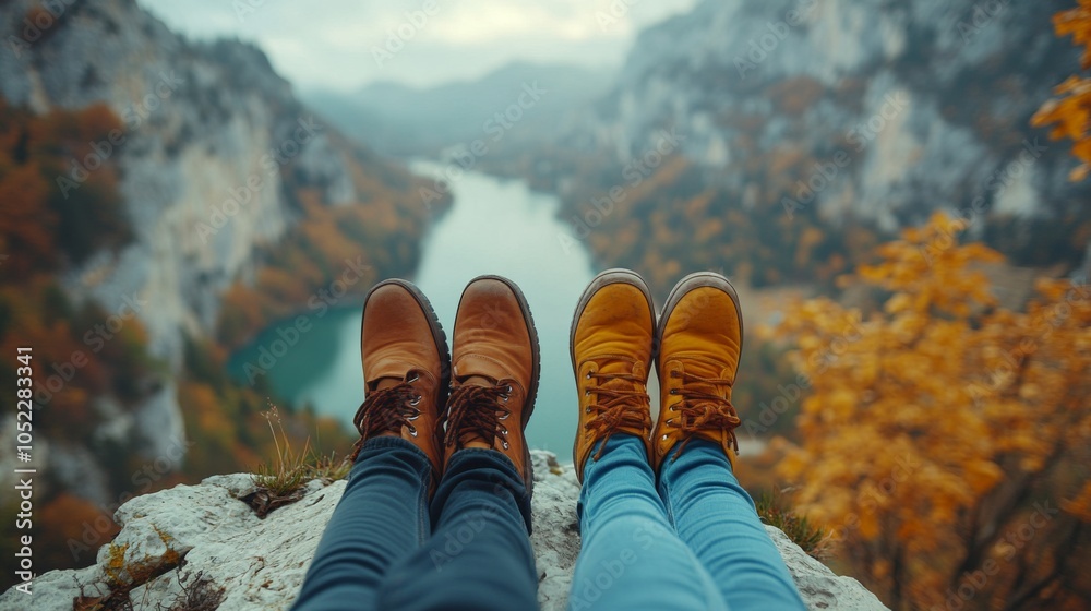 Poster two pairs of boots dangle over a rocky ledge, showcasing a beautiful river valley and autumn foliage