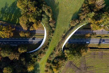 Motorway passing underneath Grimberg wildlife crossing forming a safe natural corridor bridge for...