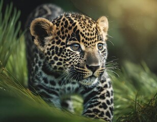 Fototapeta premium Baby jaguars in portrait is laying in the grass. Professional animal portrait