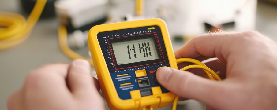 Close-up on multimeter and yellow wires in electrical panel, electricians hands at work, HD sharpness
