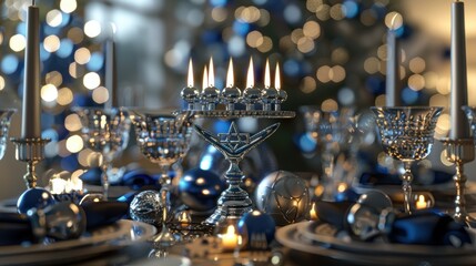 Festive Hanukkah Table with Lit Menorah and Elegant Holiday Decorations