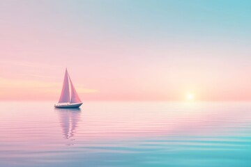Fototapeta premium A sailboat moves gently over still water as the sun sets, casting soft pastel hues across the sky and reflecting on the surface