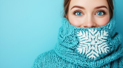 Smiling woman in cozy blue sweater with snowflake design on a blue background.