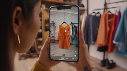 A woman is holding her smartphone to view an orange dress in a virtual fitting room while surrounded by various clothing displays in a stylish boutique. The setting highlights technology and fashion.
