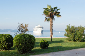 Cruise ship approaching the touristic attraction Greetings to the sun in Zadar, Croatia