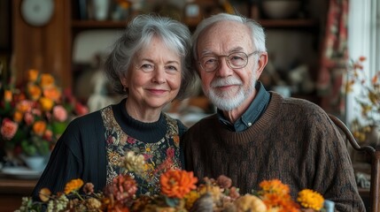 nostalgic thanksgiving celebration with a senior lgbt couple surrounded by warm decor in their home, capturing joy, love, and togetherness in a beautifully arranged dining setting