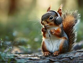 Obraz premium Hyperactive Squirrel Wearing Tiny Earbuds Bobbing Head to Upbeat Tunes on Woodland Log