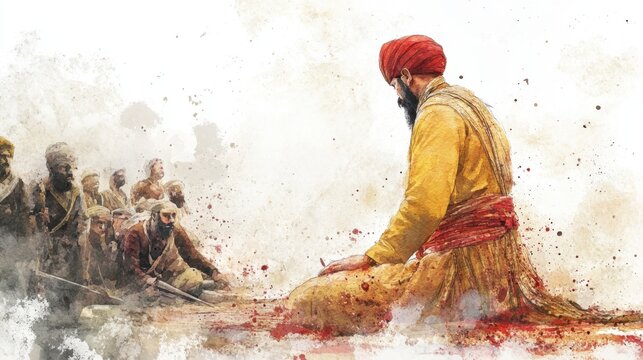 Watercolor illustration of historical Sikh warrior in meditation with followers in background. Martyrdom of Guru Tegh Bahadur